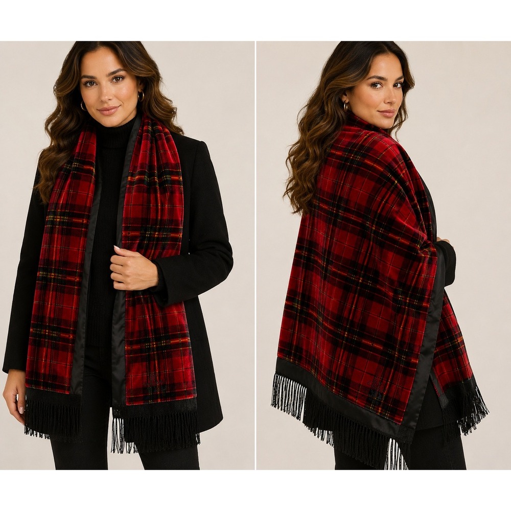 Lauren Ralph Lauren Red Tartan Plaid Velvet Silk Blend Fringe Scarf Wrap